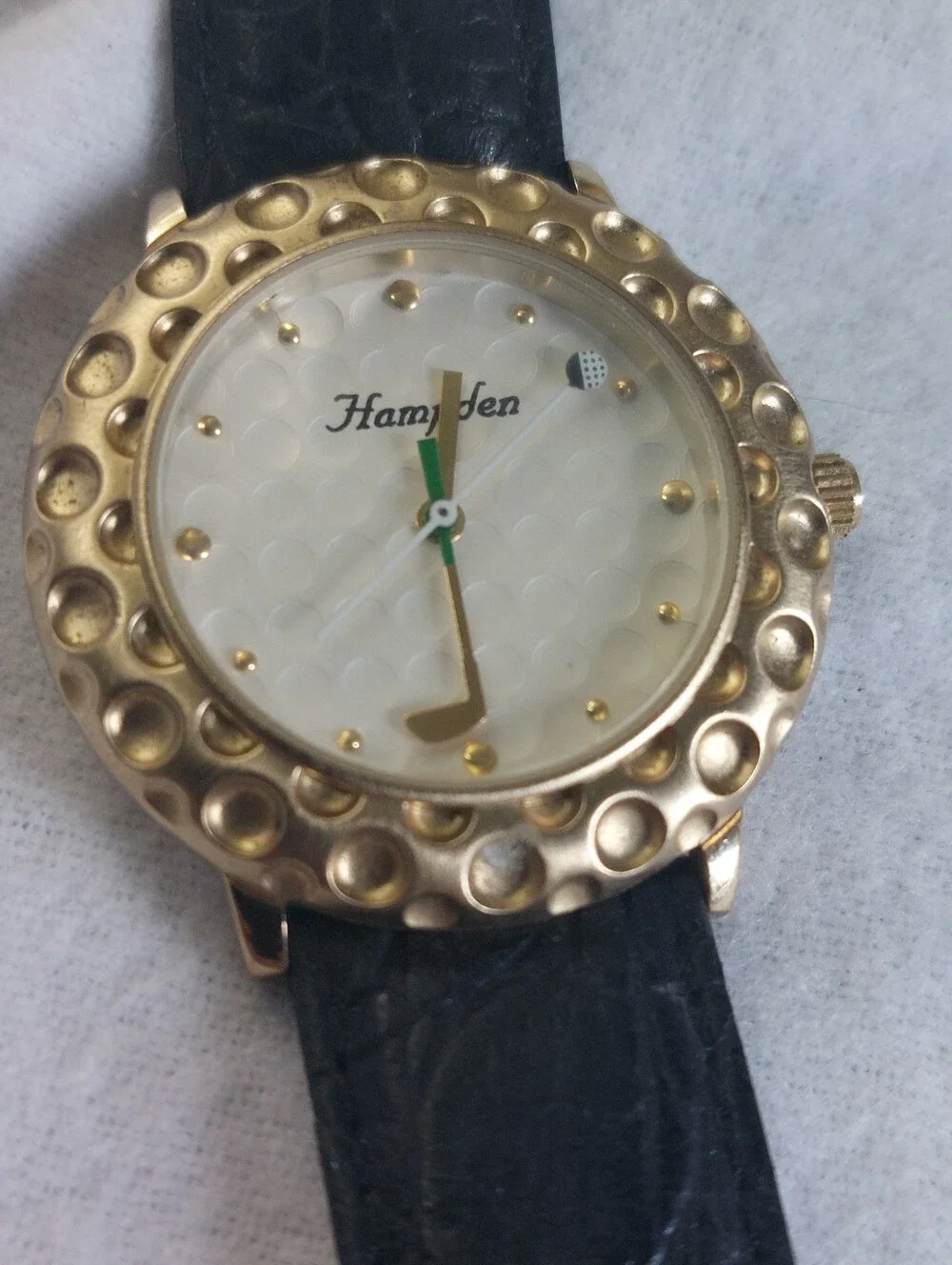 Vintage Estate Hampden Gold Golf Watch Golf Ball Bezel Leather Strap Works